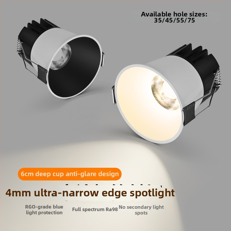 LED вградена спот лампа с ултра тясна рамка и дълбока чашка, светлина с пълен спектър — LED, 220V, CRI ≥95, алуминиева обвивка, бутонен превключвател
