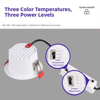 LED įmontuotas lubų šviestuvas, trijų spalvų šviesos reguliavimas (3000/4000/6000K), galia 6–10W, 75 mm anga, aliuminio korpusas, 220V