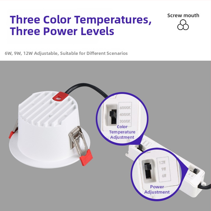 LED iebūvētais griestu gaismeklis ar trīskrāsu dimmēšanu (3000/4000/6000K), jauda 6–10W, atvērums 75 mm, alumīnija korpuss, 220V
