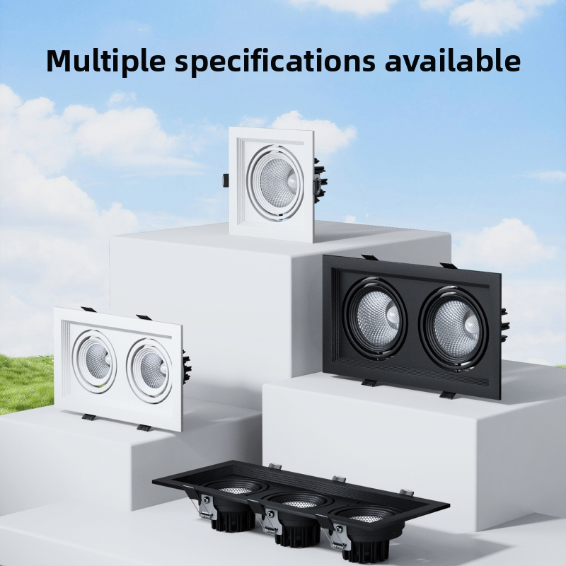 Stačiakampis įmontuojamas LED šviestuvas su tinklinio griliu, dviejų galvų downlight, aliuminio korpusas, 220V, CRI ≥95, neinteliigentinis valdiklis