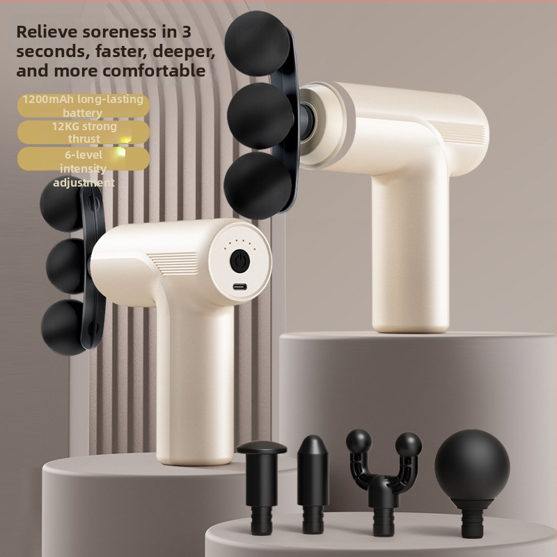 Mini masážna pištoľ na fasciu s 5 hlavami, kefový motor, viacúrovňové nastavenie, 5 rýchlostí, vstavaná batéria 1000–1200 mAh, hluk 46–70 dB