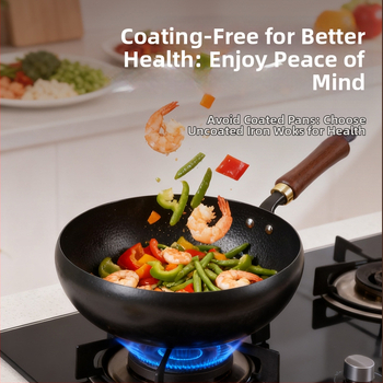 Wok iš plono geležies, 12 cm gylis, 1,5 kg svoris, medinis dangtelis