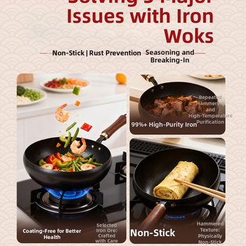 Wok iš plono geležies, 12 cm gylis, 1,5 kg svoris, medinis dangtelis