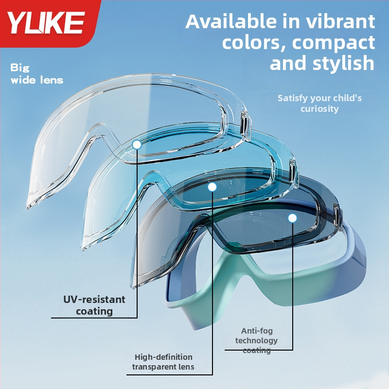 Detské plavecké okuliare s veľkým rámom, polykarbonátové šošovky, proti zahmlievaniu, vodeodolné, v sade s plaveckou čiapkou