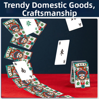 Reis Mahjongi mängukaardid — veekindlad, paksemad, kaasaskantav mini komplekt Mahjongi plaatidega; valge kartong; komplekt sisaldab kotti ja värvilist karpi; 14+ aastat.