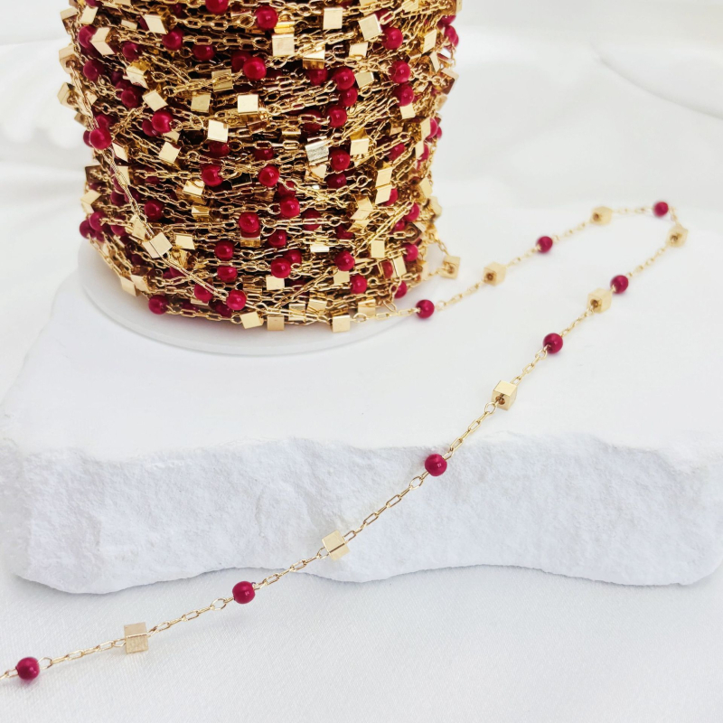 Lanț din cupru placat cu 18K aur, cu cristale pătrate – componente DIY pentru bijuterii personalizabile