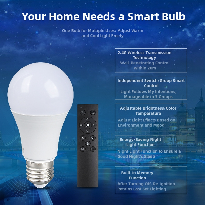 Bec LED inteligent cu telecomandă, tensiune 100-240V, 700 lm, fascicul de 270°, reglabil în intensitate