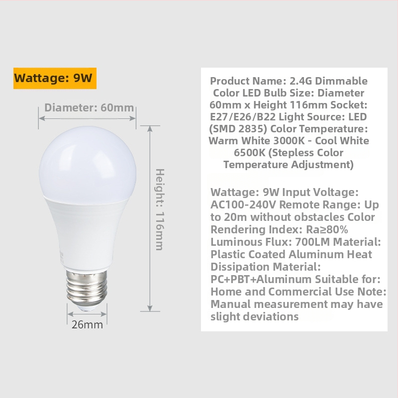 Bec LED inteligent cu telecomandă, tensiune 100-240V, 700 lm, fascicul de 270°, reglabil în intensitate
