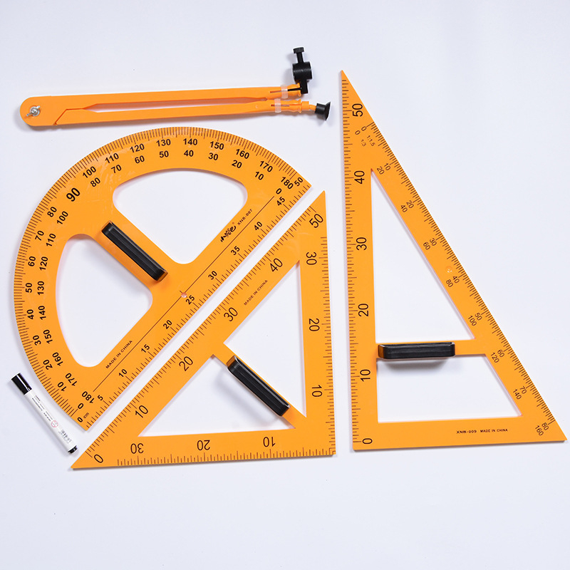 Mācību komplekts mērinstrumentiem (10) – Plastmasas piecu vienību komplekts ar līnijālu, cirkuli un trijstūriem, Huicai