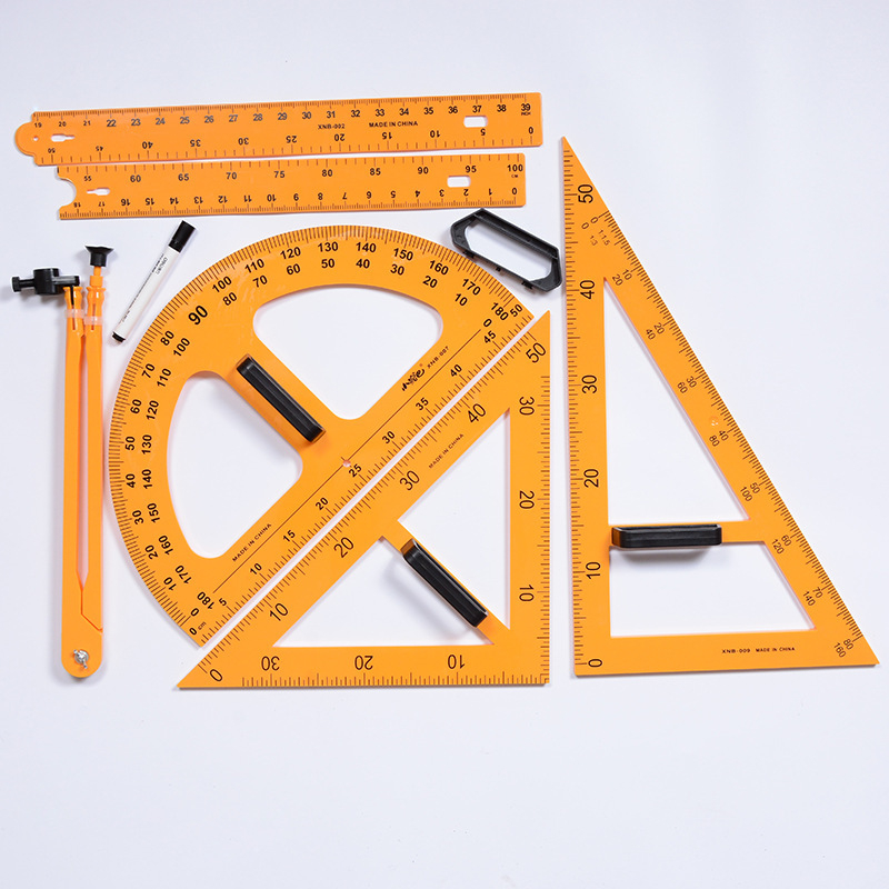 Mācību komplekts mērinstrumentiem (10) – Plastmasas piecu vienību komplekts ar līnijālu, cirkuli un trijstūriem, Huicai