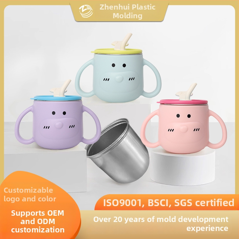 316L nerūsējošā tērauda bērnu ūdens krūze ar rokturi un salmiņu, izliektā forma, standarta diametrs, piemērots no 6 mēnešu vecuma