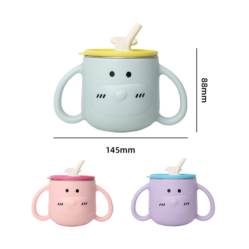 Детска бутилка за вода от 316L неръждаема стомана с дръжки и сламка, извита форма, стандартен диаметър, подходяща за деца над 6 месеца