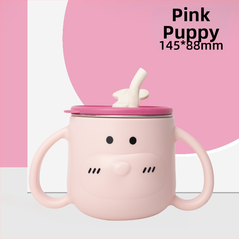 316L nerūsējošā tērauda bērnu ūdens krūze ar rokturi un salmiņu, izliektā forma, standarta diametrs, piemērots no 6 mēnešu vecuma