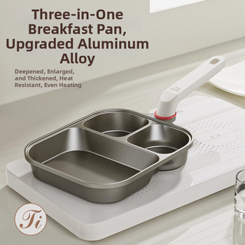 Tryfunkcinė pusryčių keptuvė su nepridegančia danga, aliuminio lydinio korpusas, 14 cm gylis, kalėta stiklo dangtis