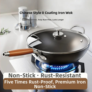 Wok iš plono geležies, kinų stiliaus, stiklinis dangtelis, tinkamas visoms viryklėms, vieno dugno