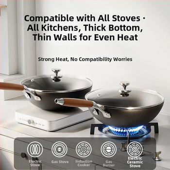 Wok iš plono geležies, kinų stiliaus, stiklinis dangtelis, tinkamas visoms viryklėms, vieno dugno