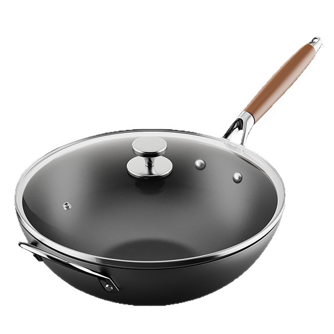 Wok iš plono geležies, kinų stiliaus, stiklinis dangtelis, tinkamas visoms viryklėms, vieno dugno