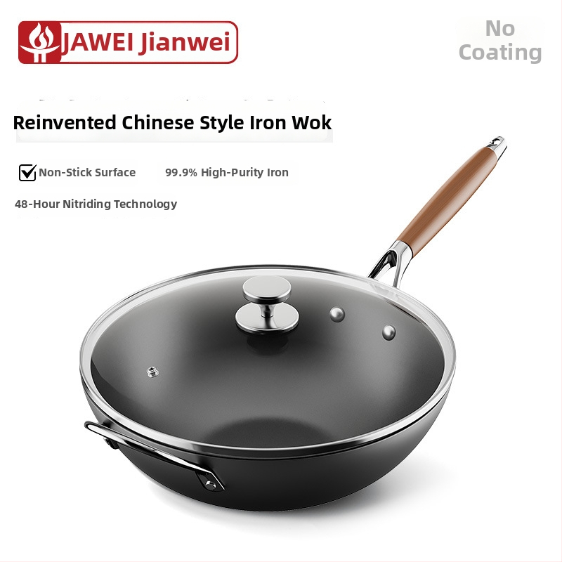 Wok iš plono geležies, kinų stiliaus, stiklinis dangtelis, tinkamas visoms viryklėms, vieno dugno