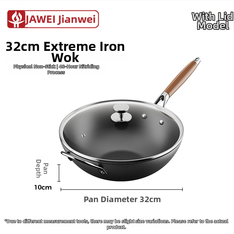 Wok iš plono geležies, kinų stiliaus, stiklinis dangtelis, tinkamas visoms viryklėms, vieno dugno