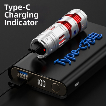 LED žibintuvas su USB-C įkrovimu, 2000mAh baterija, aliuminio lydinio korpusas, 360° pasukama galva, veikimo nuotolis 100–200 m