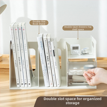 L-tvarovaný stojan na knihy so zásuvkou, stolový úložný regál, z plastu, model SD-2633, balenie: 1