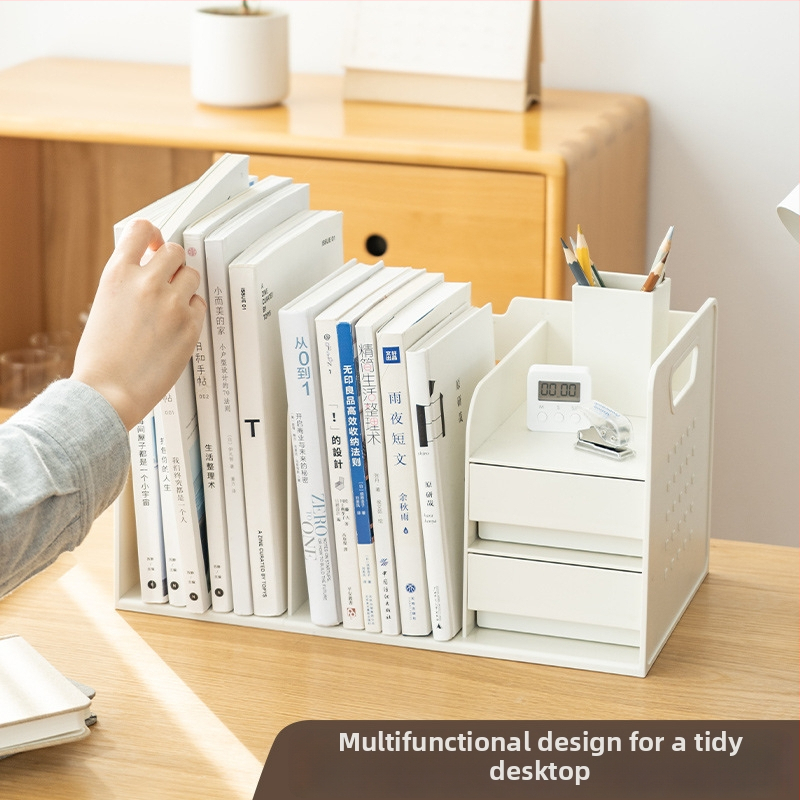 L-tvarovaný stojan na knihy so zásuvkou, stolový úložný regál, z plastu, model SD-2633, balenie: 1