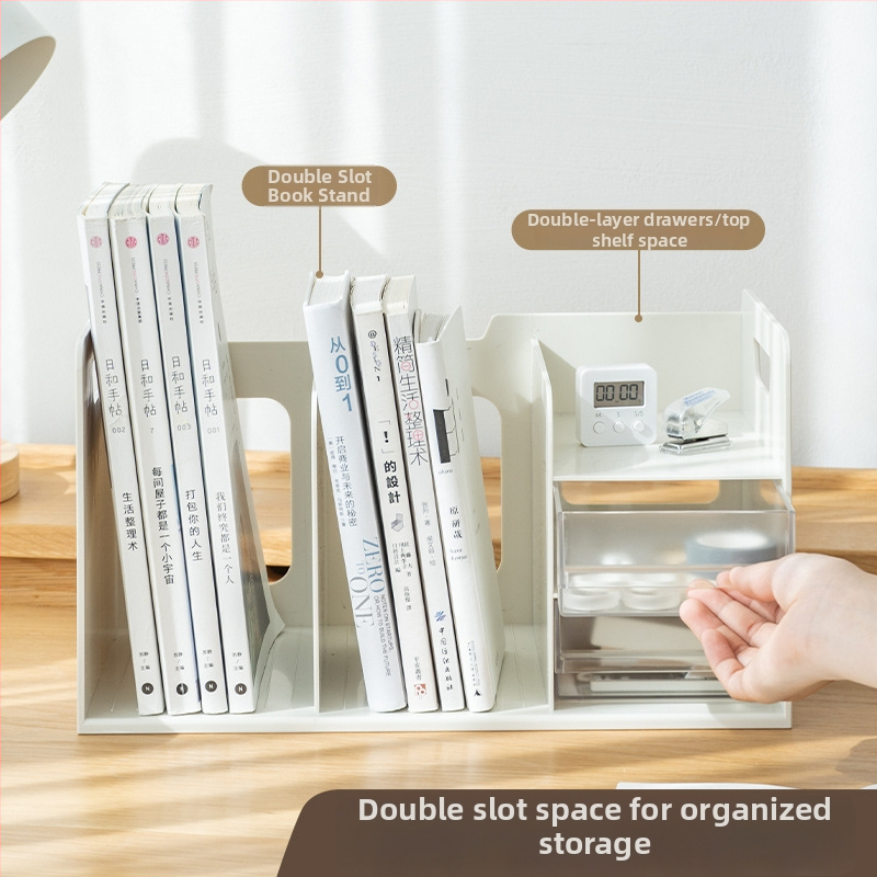 L-tvarovaný stojan na knihy so zásuvkou, stolový úložný regál, z plastu, model SD-2633, balenie: 1