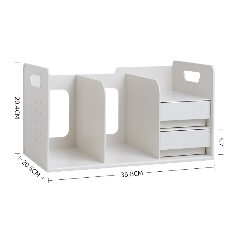 L-tvarovaný stojan na knihy so zásuvkou, stolový úložný regál, z plastu, model SD-2633, balenie: 1