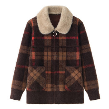 Moteriškai užtrauktuku striukė su imitacijos lapės kailio apykakle, langinis vilnos kardiganas, poliesterio audinys <30%, stilius ZLY-3001