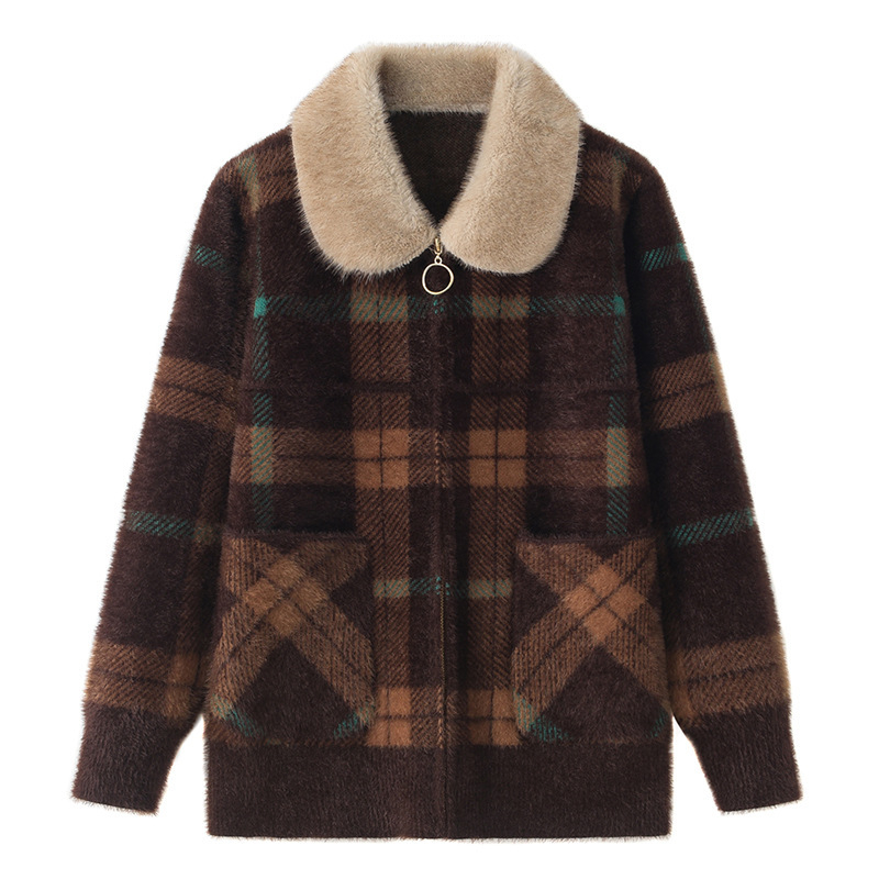 Moteriškai užtrauktuku striukė su imitacijos lapės kailio apykakle, langinis vilnos kardiganas, poliesterio audinys <30%, stilius ZLY-3001