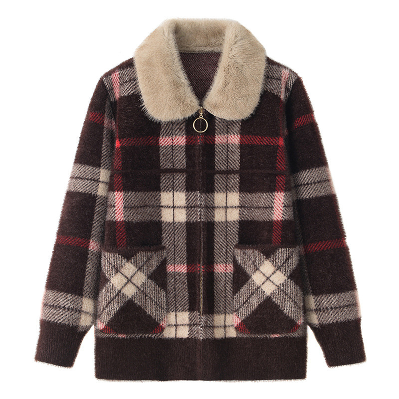 Moteriškai užtrauktuku striukė su imitacijos lapės kailio apykakle, langinis vilnos kardiganas, poliesterio audinys <30%, stilius ZLY-3001