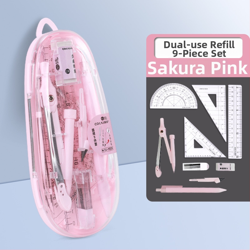 9 dalių komplektas mokiniams: kompasas ir liniuotė - neelektrinis, dovana mokiniams