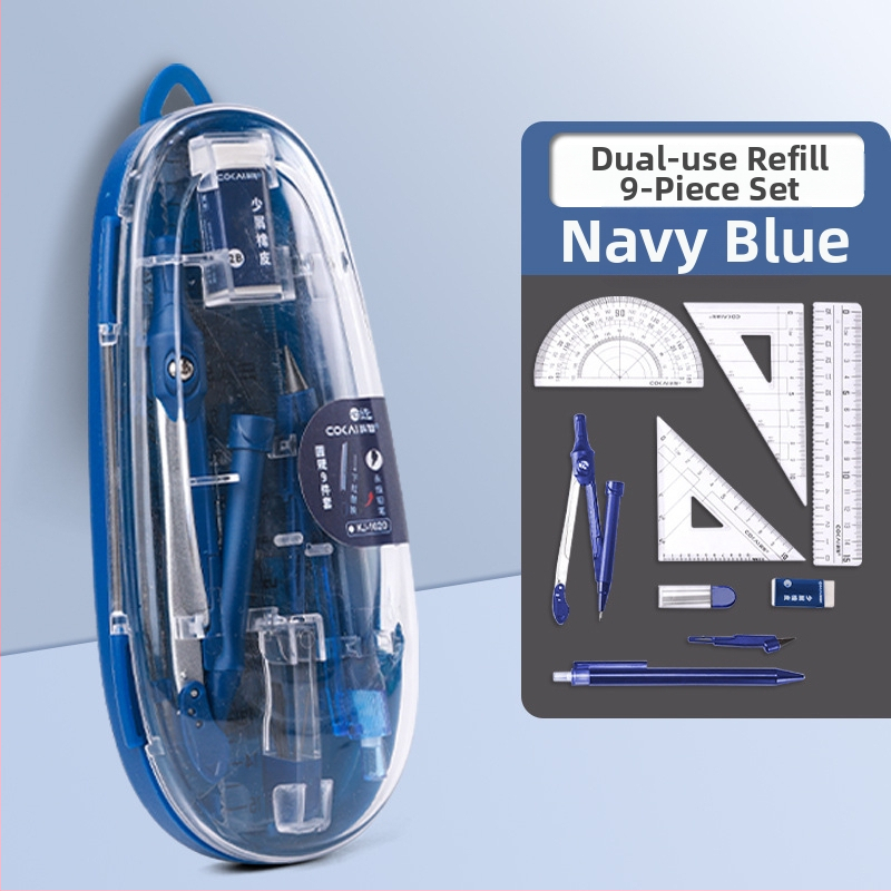 9 dalių komplektas mokiniams: kompasas ir liniuotė - neelektrinis, dovana mokiniams