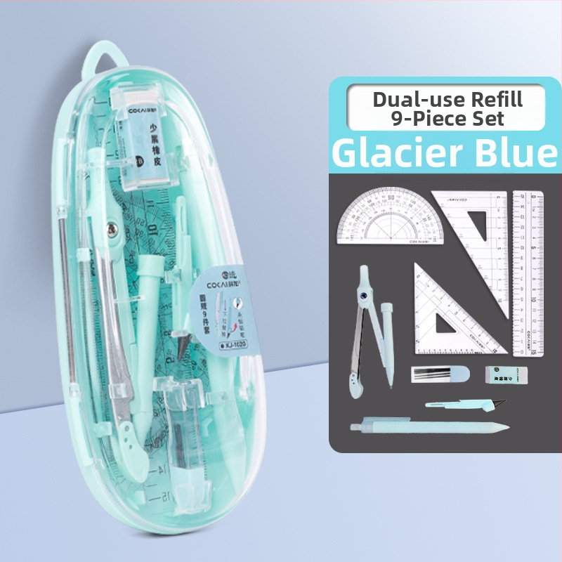 9 dalių komplektas mokiniams: kompasas ir liniuotė - neelektrinis, dovana mokiniams