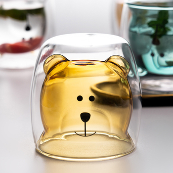 Двустенна боросиликатна стъклена чаша с капак, мотив мечка (карикатура), за домашна употреба, термоустойчива