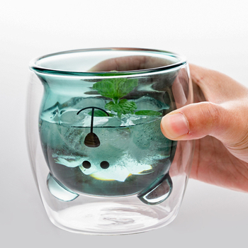 Двустенна боросиликатна стъклена чаша с капак, мотив мечка (карикатура), за домашна употреба, термоустойчива