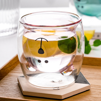 Двустенна боросиликатна стъклена чаша с капак, мотив мечка (карикатура), за домашна употреба, термоустойчива