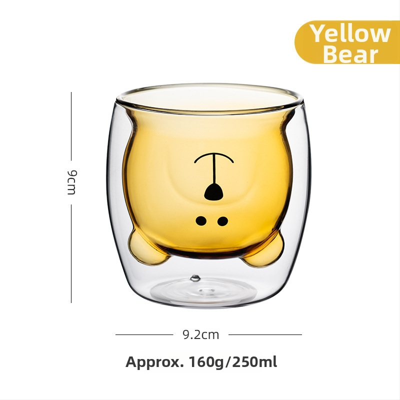 Двустенна боросиликатна стъклена чаша с капак, мотив мечка (карикатура), за домашна употреба, термоустойчива
