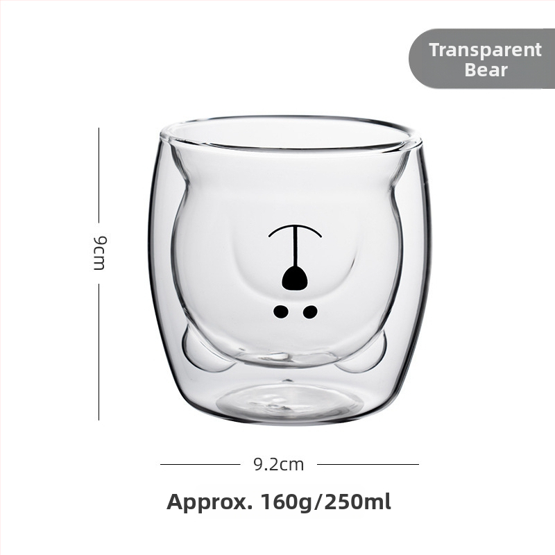 Двустенна боросиликатна стъклена чаша с капак, мотив мечка (карикатура), за домашна употреба, термоустойчива
