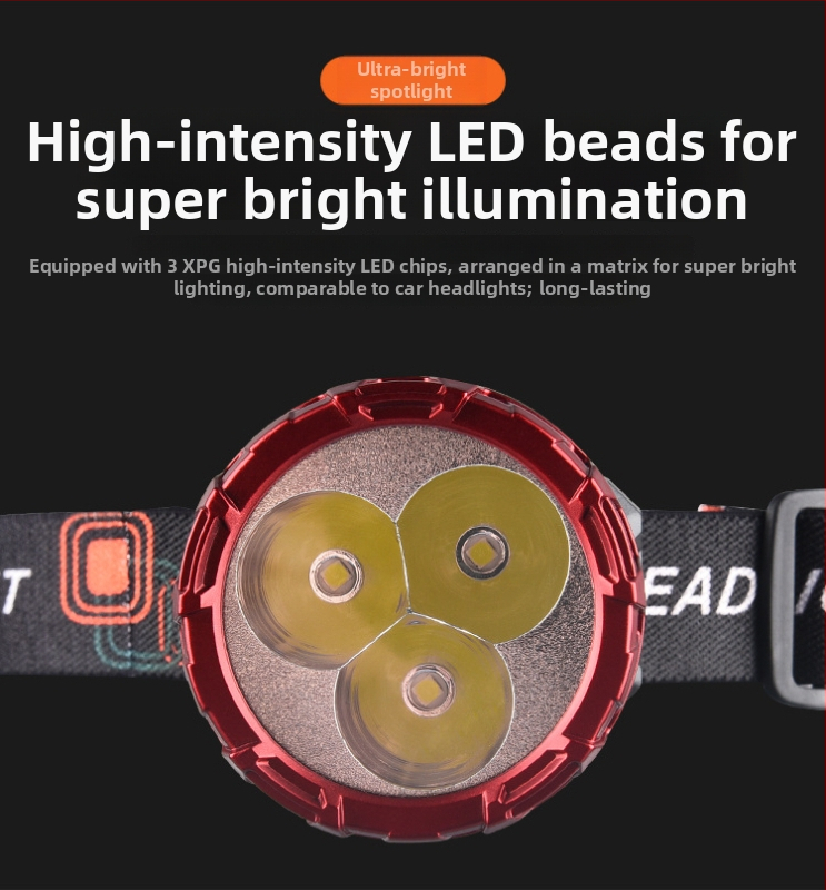 Įkraunamas LED galvos žibintas, daugiafunkcinė, modelis 208-3, 50 m šviesos spindulys, veikimo laikas 3 val.