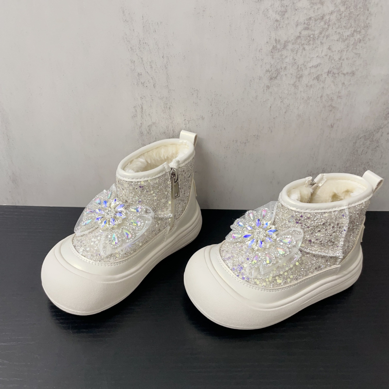 Детски снежни ботуши с кристали и панделка, водоустойчиви, принцес стил, горна част от ултра-фибър, гумирана подметка, модел Z85X9, за възраст 4–16 години