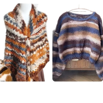 Rankų darbo megzta kepurė, šalikai ir lakatas – mišri siūlai; žiedinis verpimas; grupinis siūlas; Prekės ženklas: Van sen