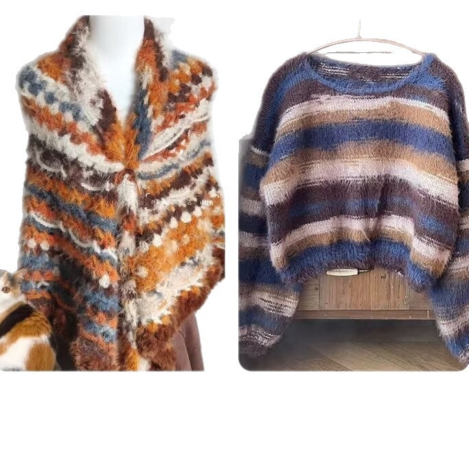 Rankų darbo megzta kepurė, šalikai ir lakatas – mišri siūlai; žiedinis verpimas; grupinis siūlas; Prekės ženklas: Van sen