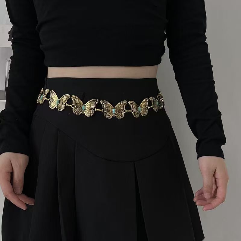 Juosmens grandinė su drugelio motyvu, retro boho stilius, lydinio medžiaga, 120 cm ilgio, moterims