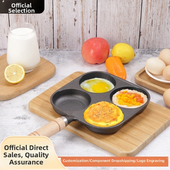 Ketausinė keptuvė su keturiomis skylėmis, be paviršiaus, plokščiu dugnu, skirta omletoms, blynom ir kiaušinių burgeriams