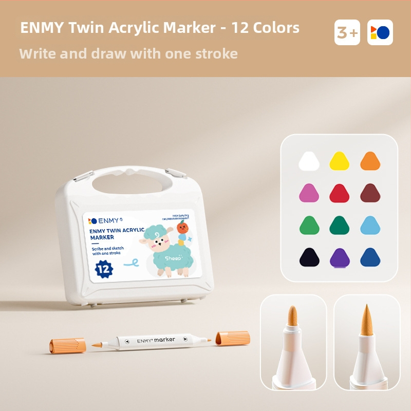 Enmi dvejų galvų akrilinis markeris vaikams, atsparus vandeniui, tinkamas DIY akvarelei, bazinė pakuotė