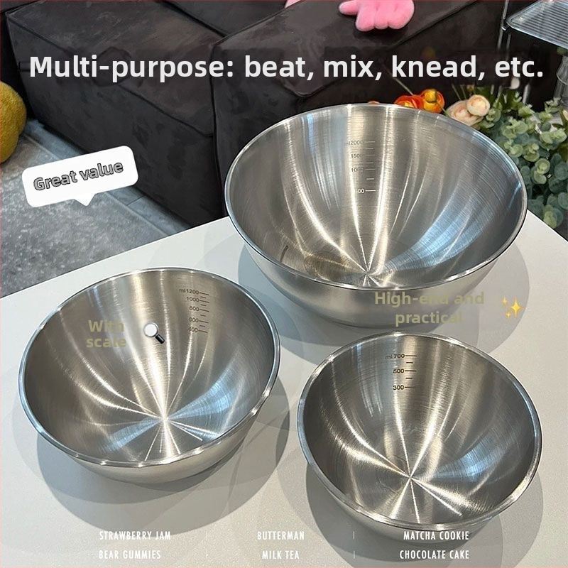 Nerūdijančio plieno baseinas su integruota skale, skirtas daržovėms plauti ir tešlai minkyti — apvalus virtuvės dubuo