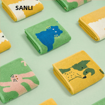 Sanli vaikiškas karikatūrų kvadratinis veido rankšluostis, medvilnė, 32s gija, jacquard audinys, vandens įsisavinimas 5–10 s