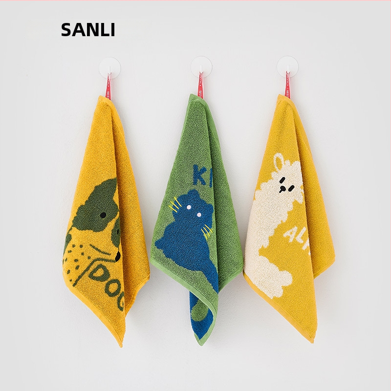 Sanli vaikiškas karikatūrų kvadratinis veido rankšluostis, medvilnė, 32s gija, jacquard audinys, vandens įsisavinimas 5–10 s