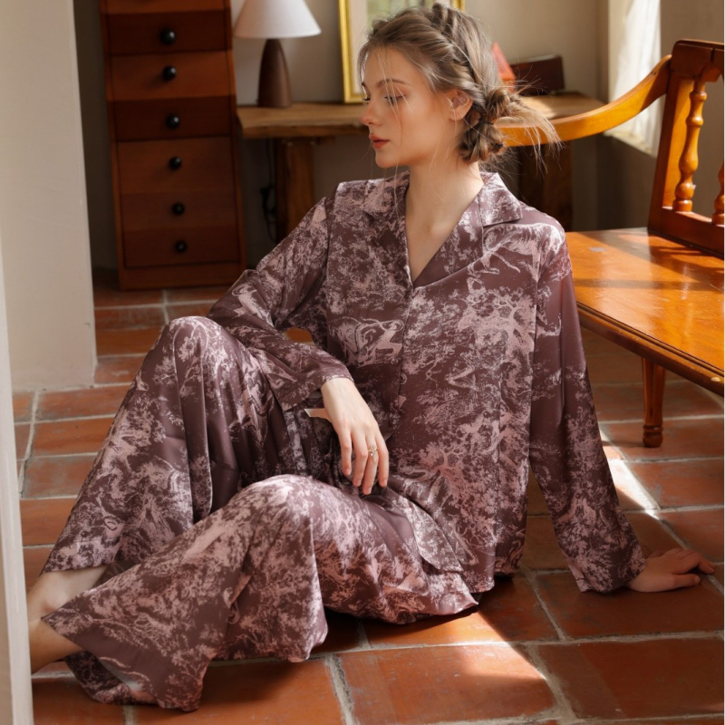 Ženski set pidžama od ice silk s dugim rukavima i rever ovratnikom, ultra-tanki kućni set za spavanje